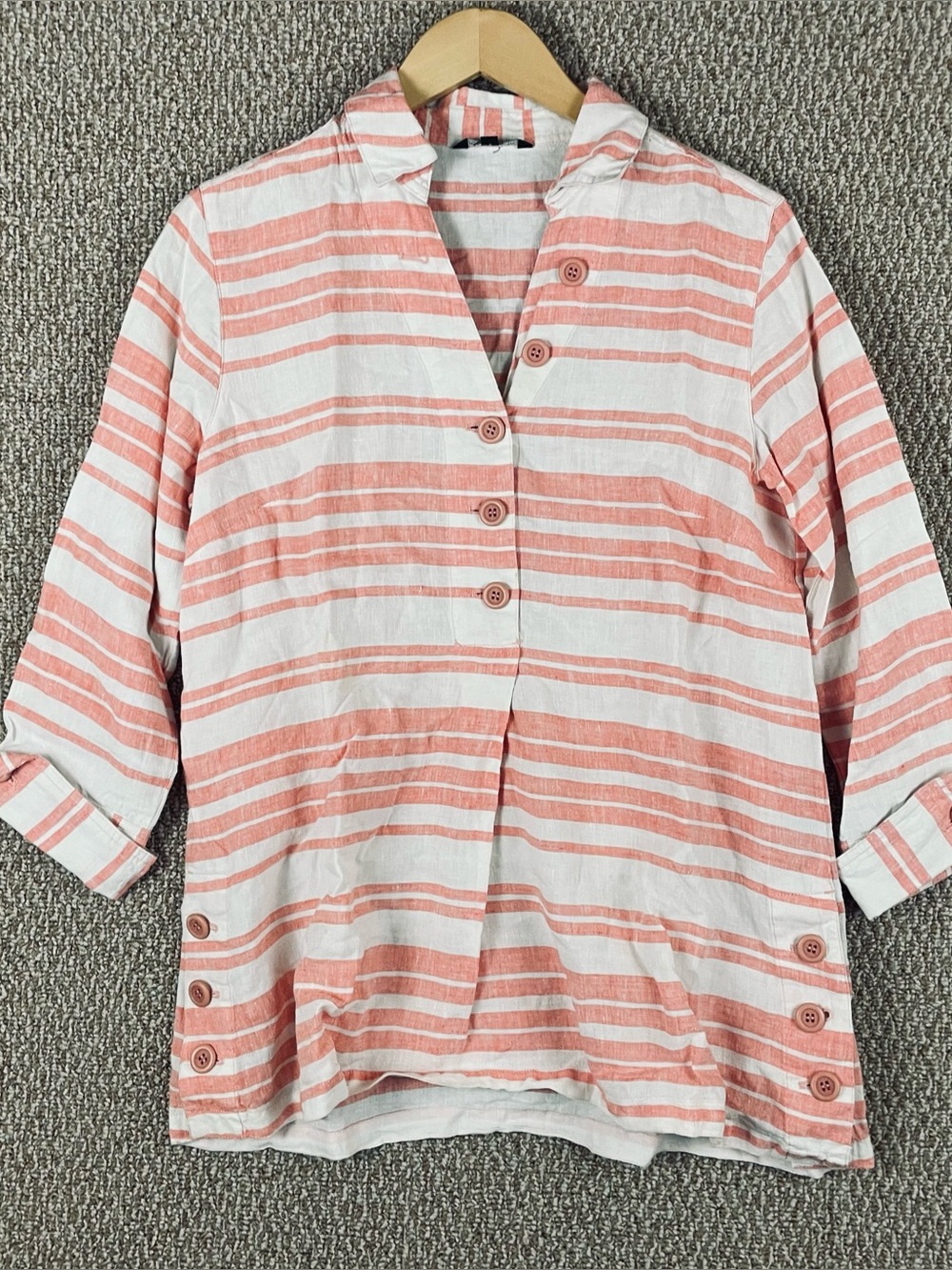 John Mark Blouse Medium Popover 100% Linen Coastal Beach Striped Coral T668